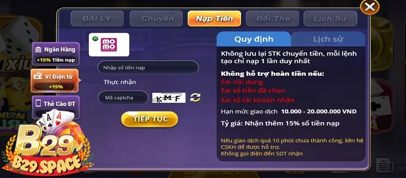 Nạp tiền không thành công