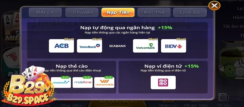 Nạp tiền qua hệ thống ngân hàng